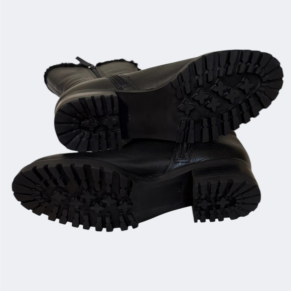 Talbots Black Leather Mid-Calf Boots Faux-Shearling Trim Bikercore Moto Size 7 - Picture 7 of 8